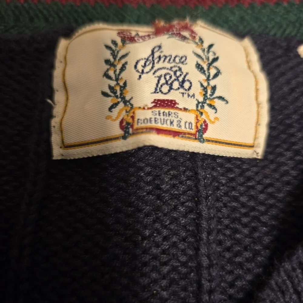VTG Sears Roebuck & Co. Navy Cricket Sweater V-Neck Cable Knit Oversized